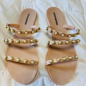 STEVE MADDEN Used Yalsa Jelly Slides Sz 9 Stylish Pearl Embellished Sandals